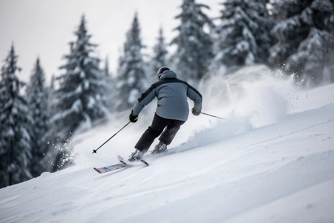 Skifahrer schneidet eine steile präparierte Abfahrt mit Schneefahne hinter den Skiern