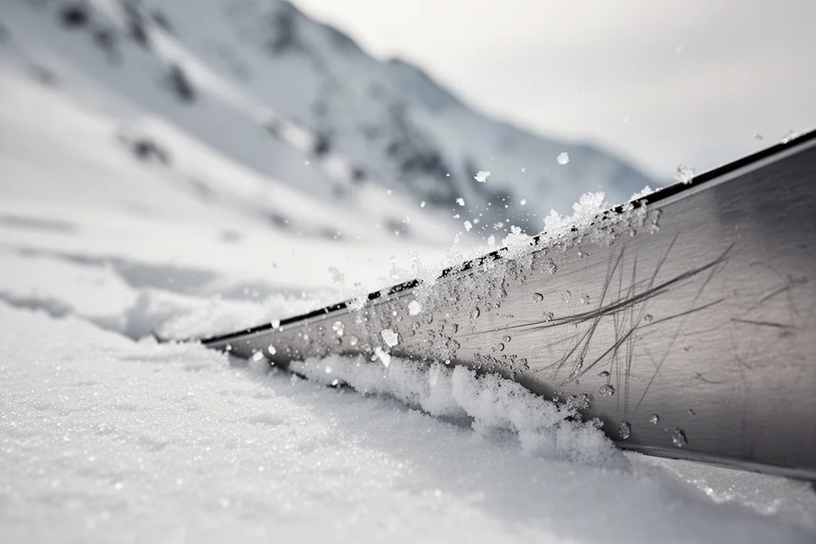 Nahaufnahme einer Skikante, die sich in harten Schnee frisst und Kristalle verstreut