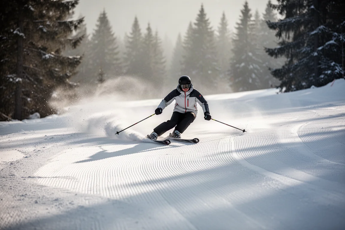 Skier carving a smooth turn on a freshly groomed run in soft morning light