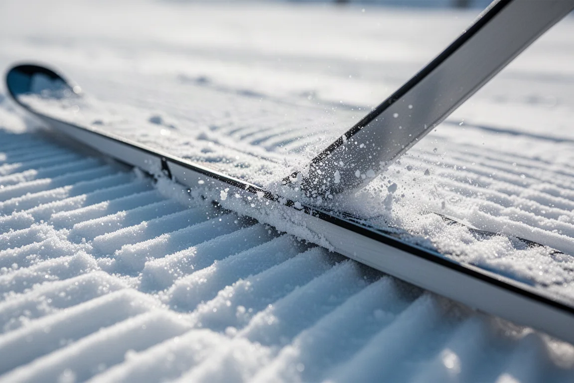 Close-up of a ski edge biting into firm groomed snow at an angle