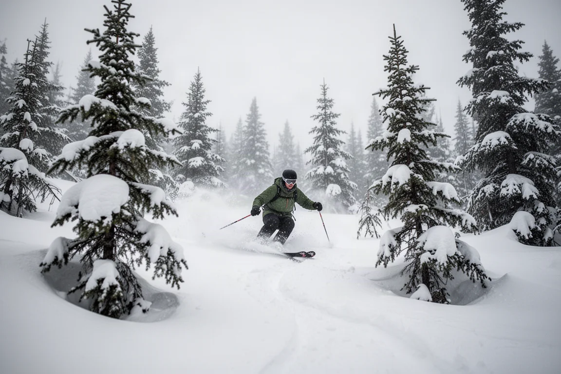 Skier working through soft snow and tight terrain between trees