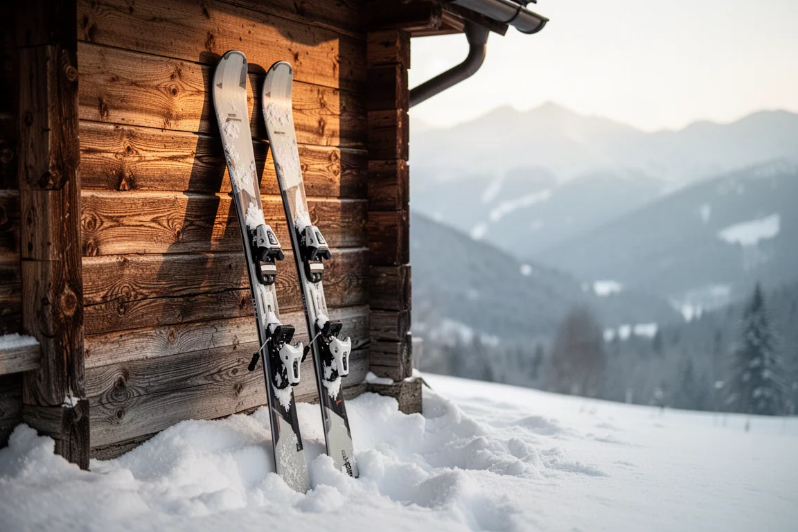 Pair of skis leaning against a wooden lodge wall beside packed snow