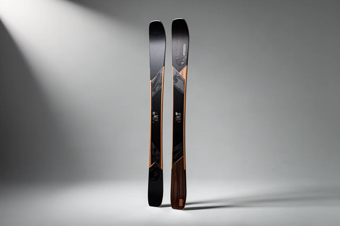 Pair of frontside carving skis with an 88 mm waist standing against a grey studio backdrop