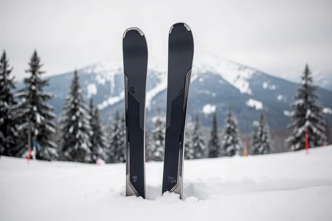 Pair of dark all-mountain skis standing upright in packed snow with blurred mountains behind
