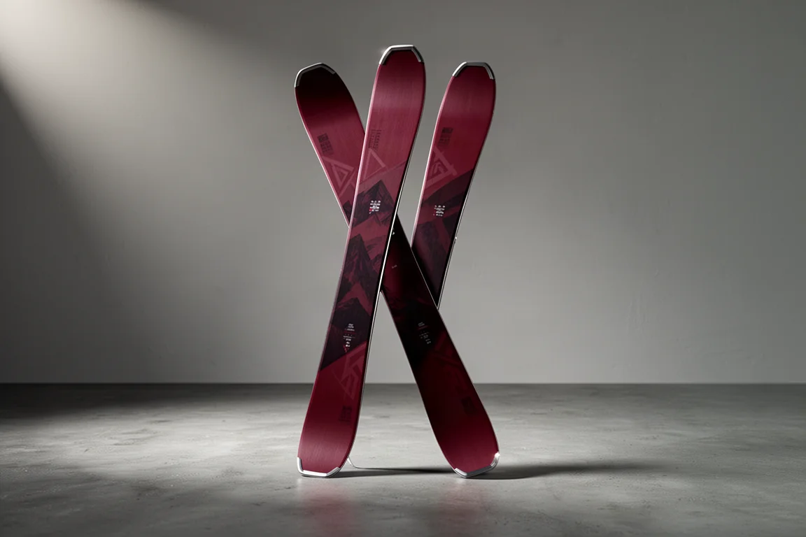 Pair of all-mountain skis with dark topsheets standing on a concrete surface