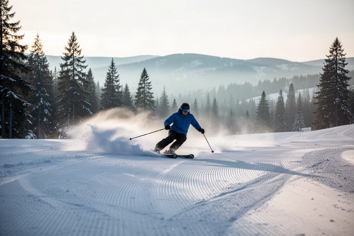 Skier carving a turn on a freshly groomed piste in soft morning light
