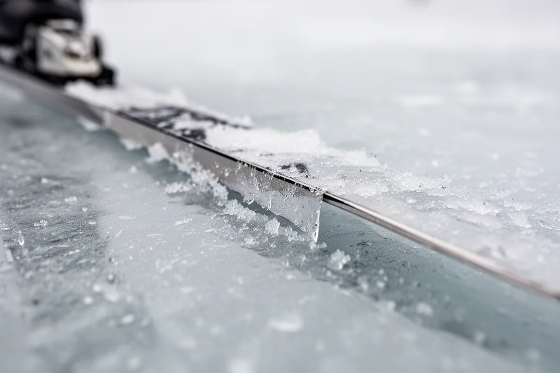 Close-up of a ski edge gripping hard icy snow surface at a low angle
