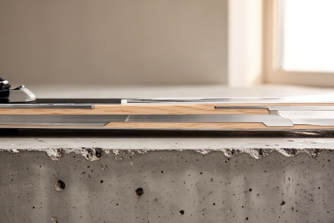 Side profile detail of a ski showing layered wood core and metal laminate