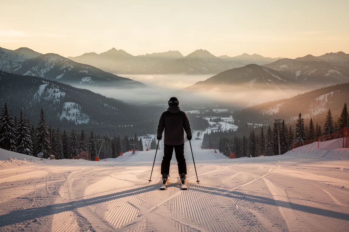 Skier standing at the top of a groomed run at sunrise looking down the slope