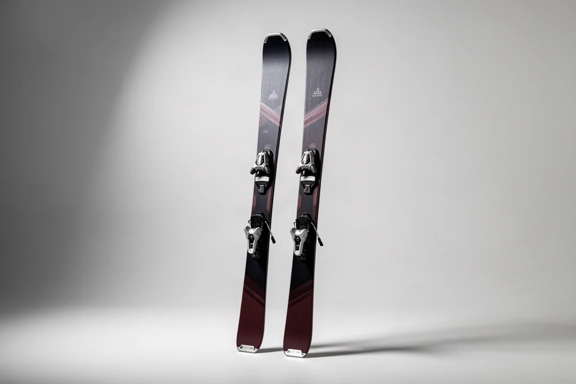 Pair of women's all-mountain skis leaning against a light grey studio backdrop