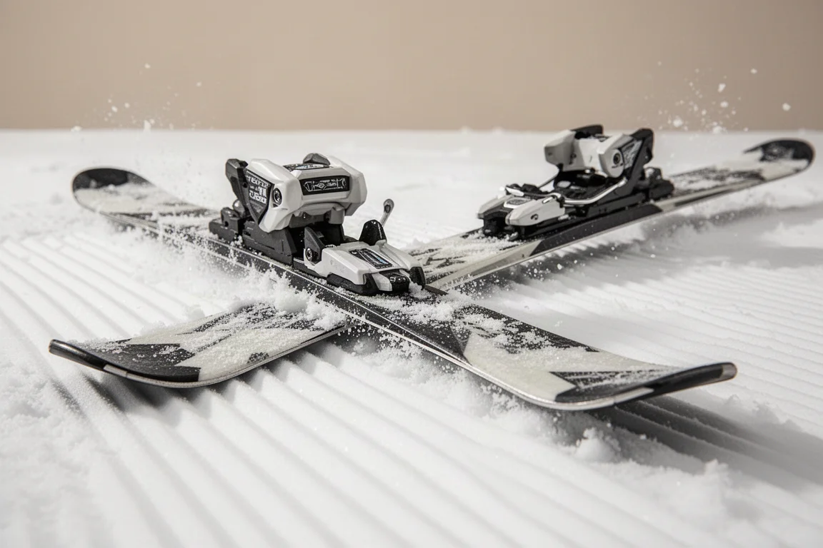 滑雪板板身中段與固定器壓入壓雪道雪面的特寫