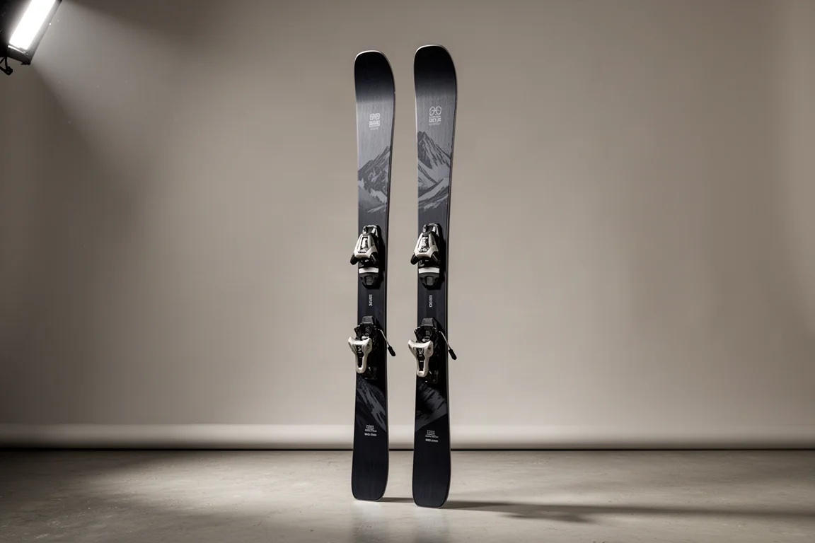 Pair of 100mm-waist all-mountain skis standing upright on a grey studio backdrop