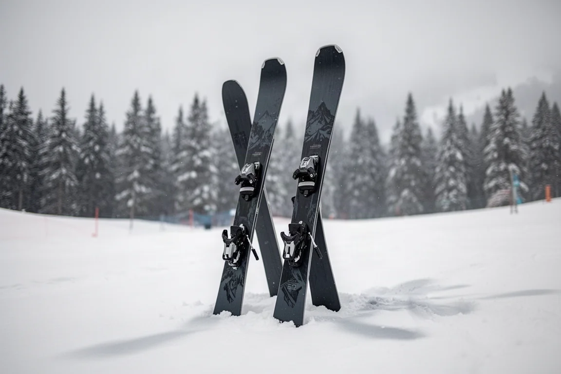 Szeroka narta all-mountain z ciemną matową górną powierzchnią, leżąca na betonowej nawierzchni