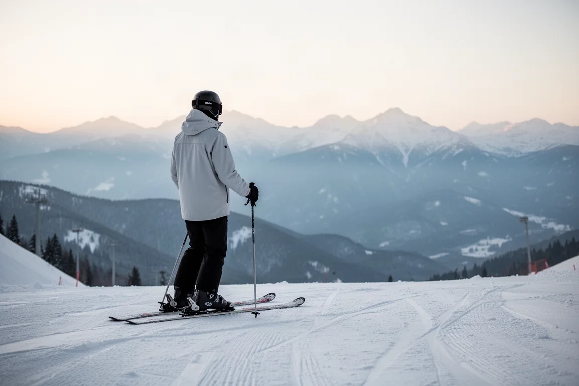 Skier standing at the top of a groomed piste at first light with skis resting on packed snow