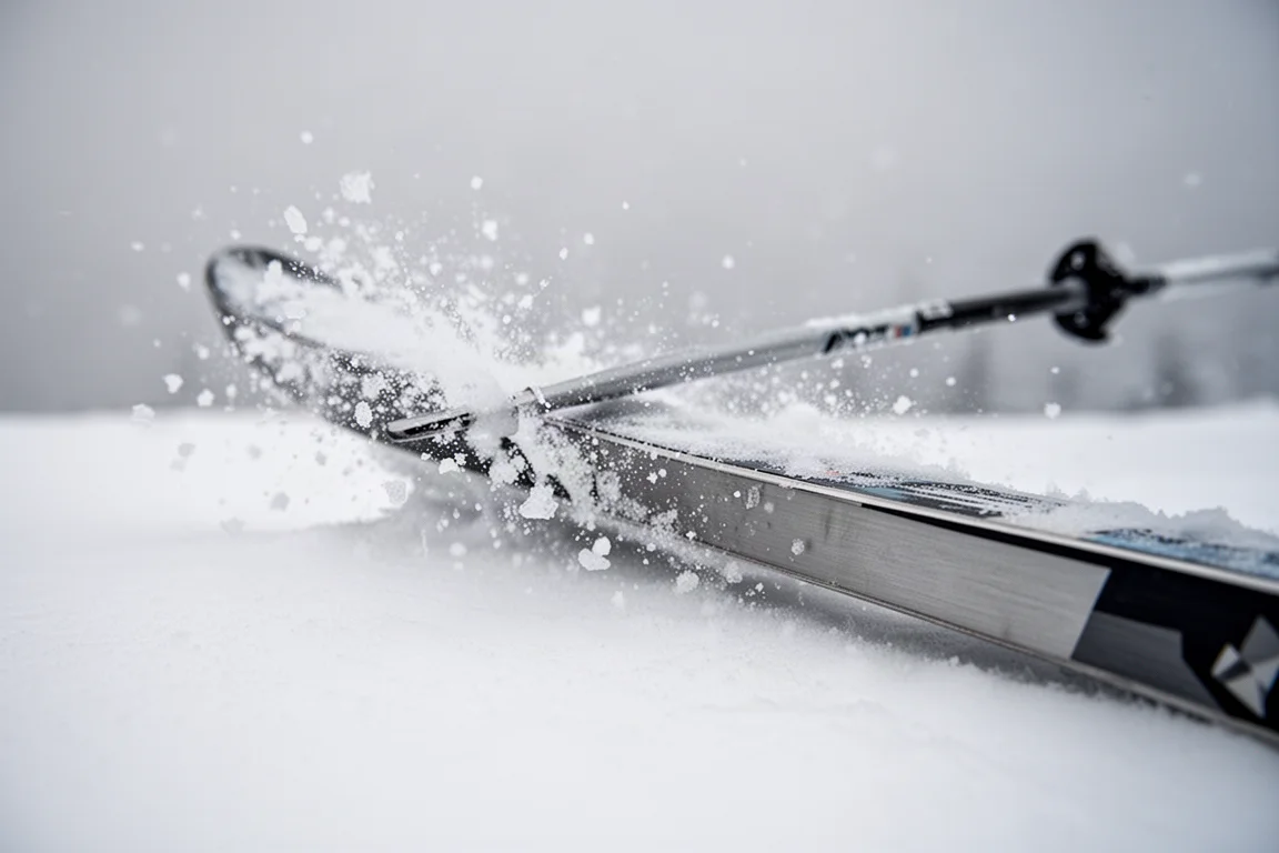 Detail of an all-mountain ski tipped on edge in firm snow with ice crystals spraying