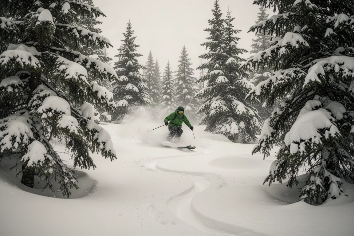 Skier weaving between snow-covered evergreens on a soft off-piste line with fresh tracks behind