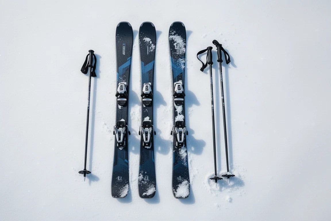 Overhead flat-lay of two pairs of all-mountain skis laid side by side on smooth snow