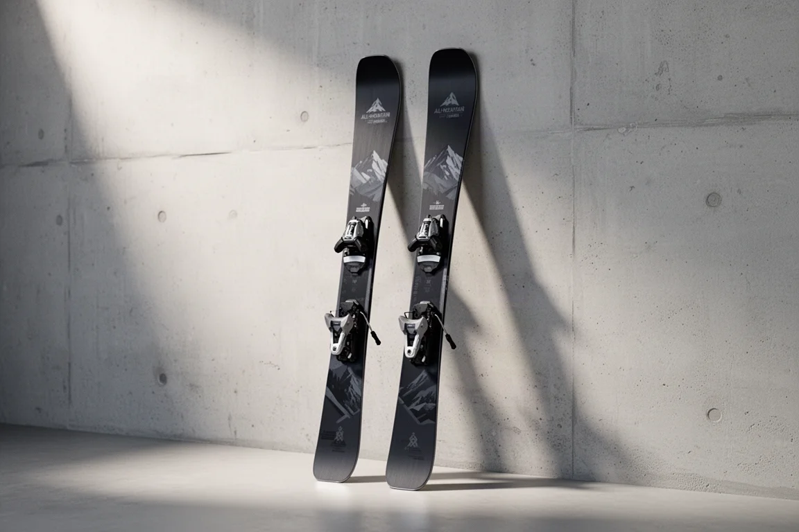 Two pairs of all-mountain skis leaning against a matte concrete wall in a studio