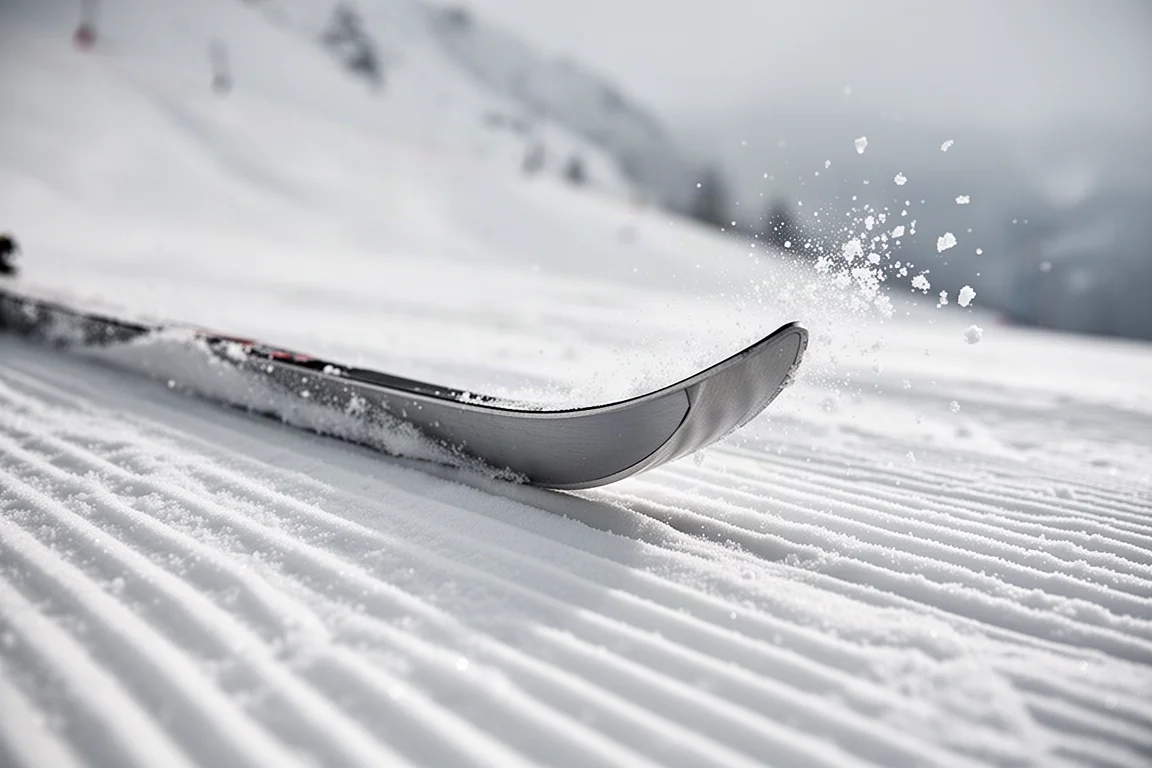 Close-up de uma borda de esqui traçando um arco limpo em neve groomed dura