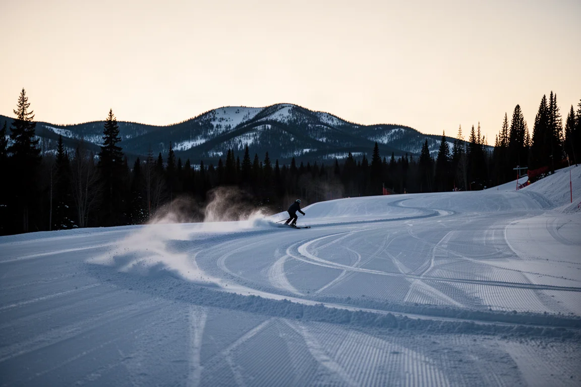 Esquiador traçando um longo arco em uma pista groomed ampla ao entardecer
