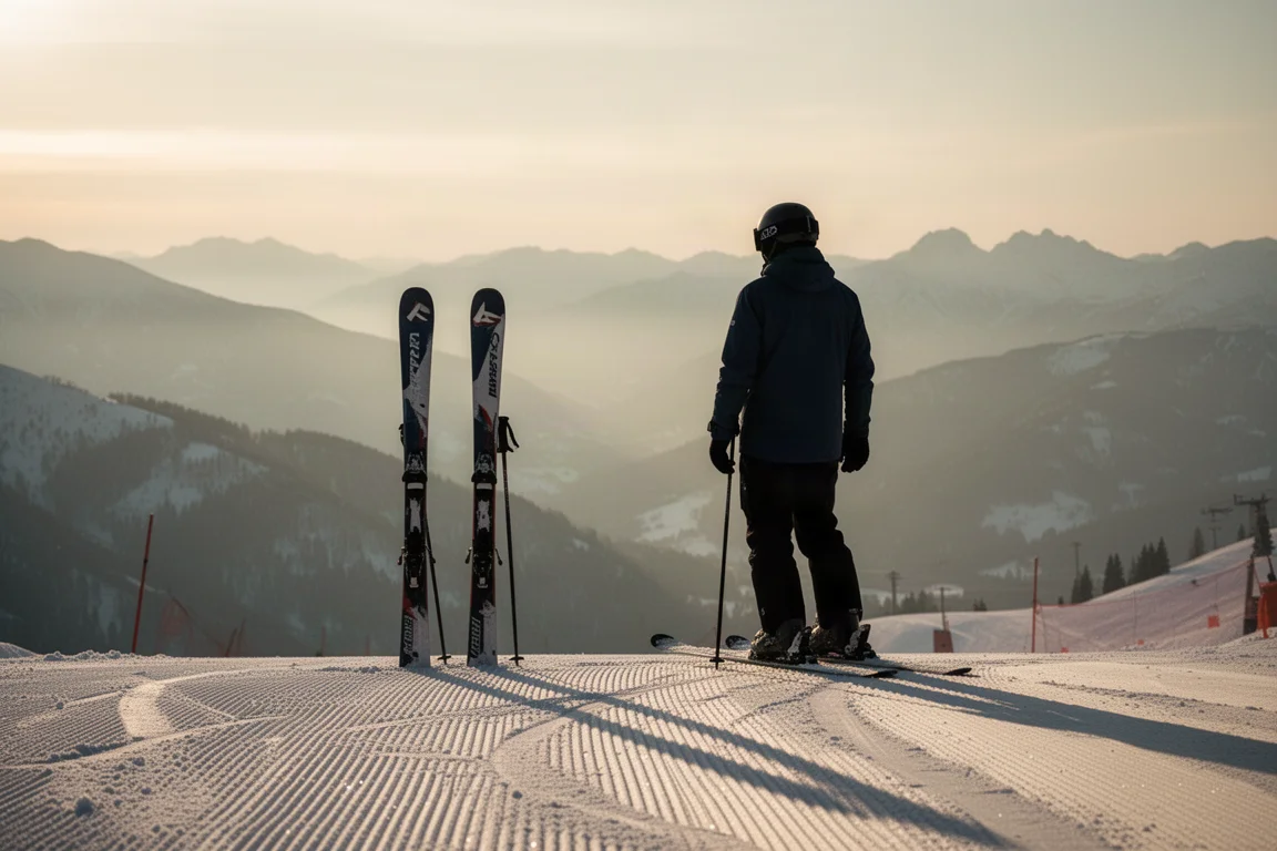 Esquiador em pé com os esquis apoiados no topo de uma pista groomed ao nascer do sol