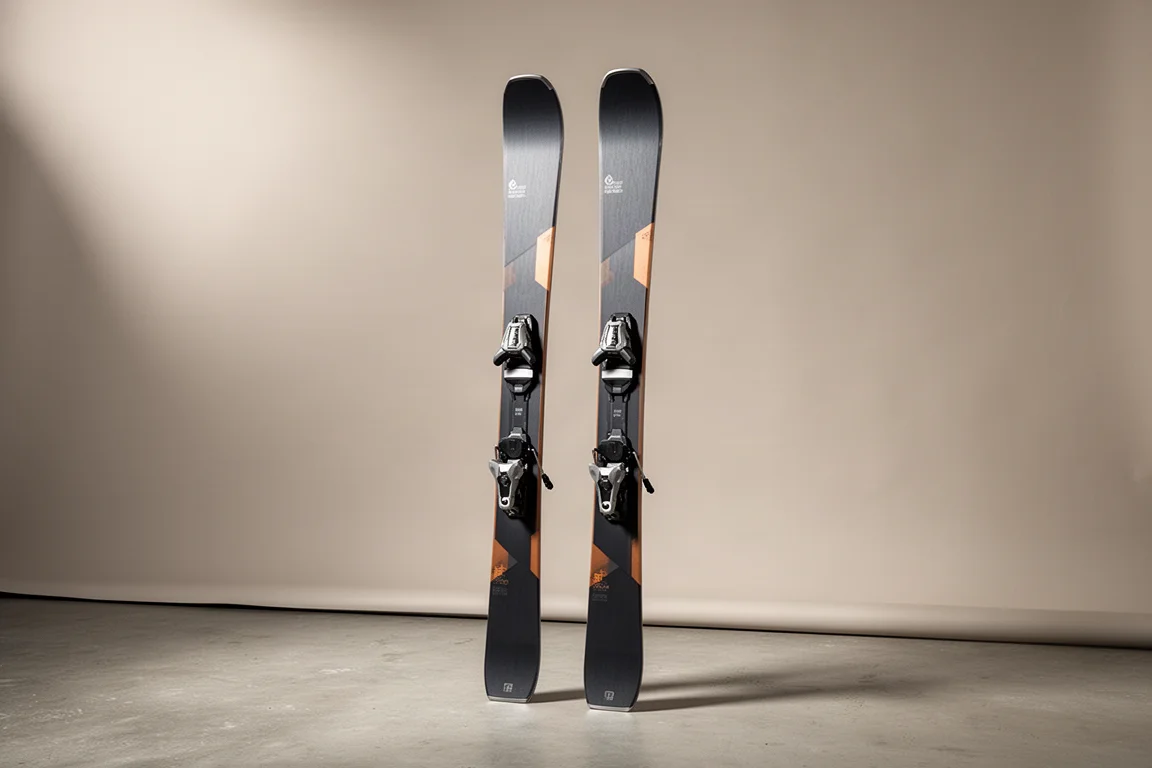Pair of dark graphite all-mountain skis standing upright on a concrete floor against a grey backdrop