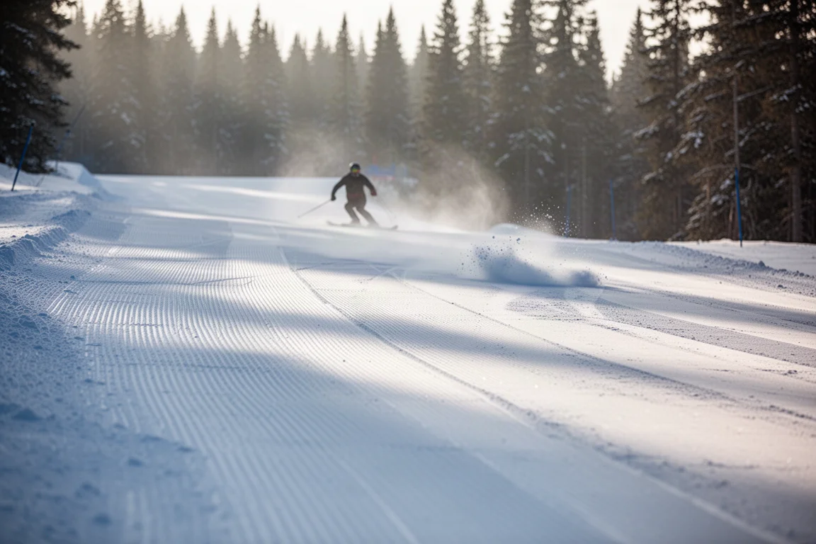 Piste de ski damée aux premières lueurs du matin avec un skieur au loin en plein virage