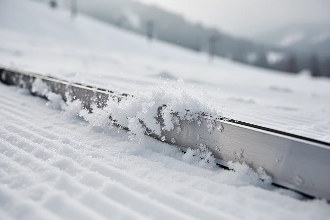 Gros plan sur une carre de ski mordant dans une neige dure damée