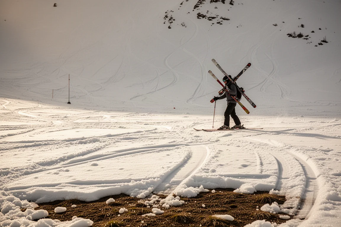 Neige de printemps en fin de saison à texture granuleuse et sol apparent près du pied d'une station