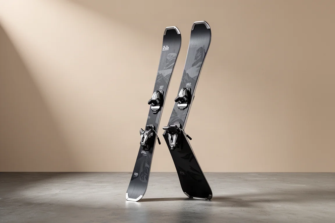 Paire de skis all-mountain de carving dressés verticalement sur une surface de béton mat