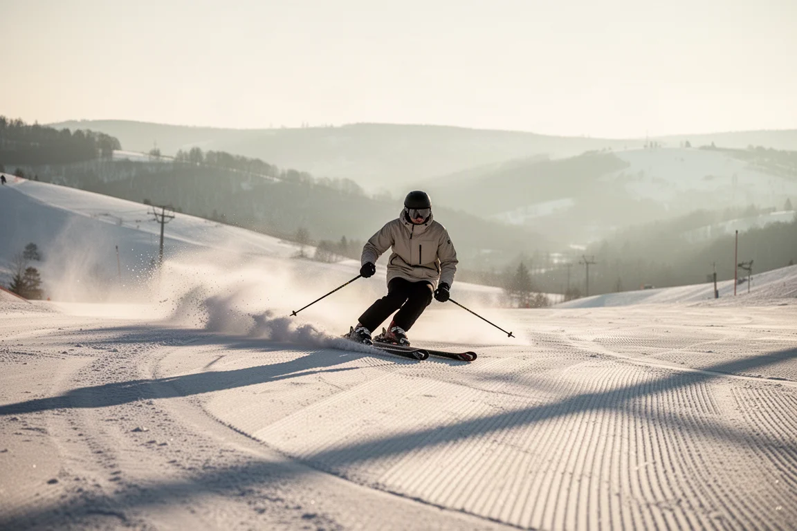 Skier carving a clean arc on a freshly groomed run in early morning light