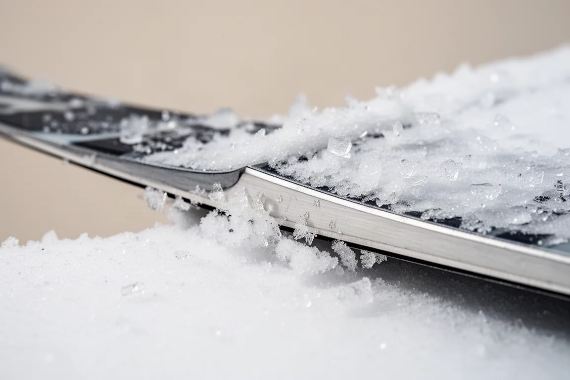 Close-up of a ski edge gripping hardpack snow with metal laminate visible