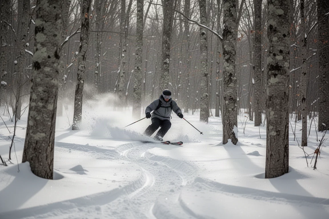 Skier navigating packed trees and bumps with quick short turns