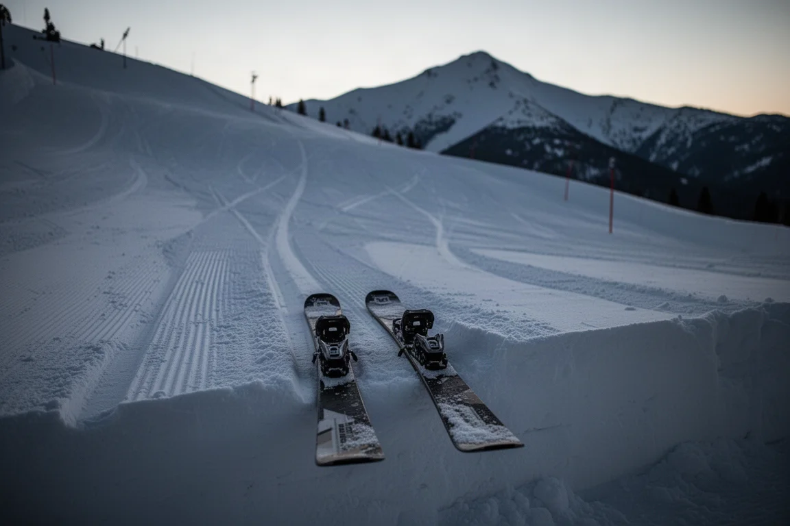 Pair of skis resting on a snowbank beside a groomed slope at dusk