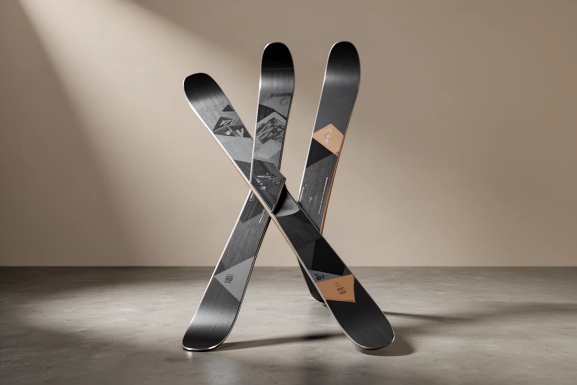 Pair of narrow all-mountain skis standing upright on a matte concrete floor in soft studio light