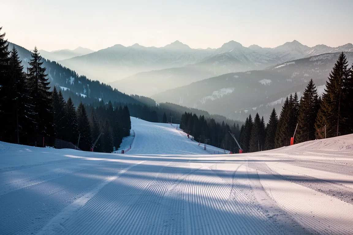 Pista da sci appena battuta all'alba con solcature e creste alpine