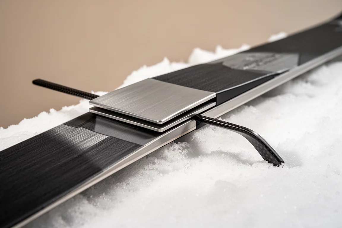 Dettaglio di un top sheet in metallo e della sezione carbonio della punta appoggiati sulla neve