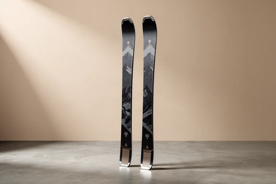 Pair of mid-80s all-mountain skis standing upright on a matte concrete surface