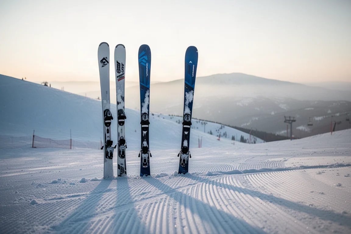 Zwei All-Mountain-Skier stehen aufrecht in frisch präpariertem Schnee bei Sonnenaufgang