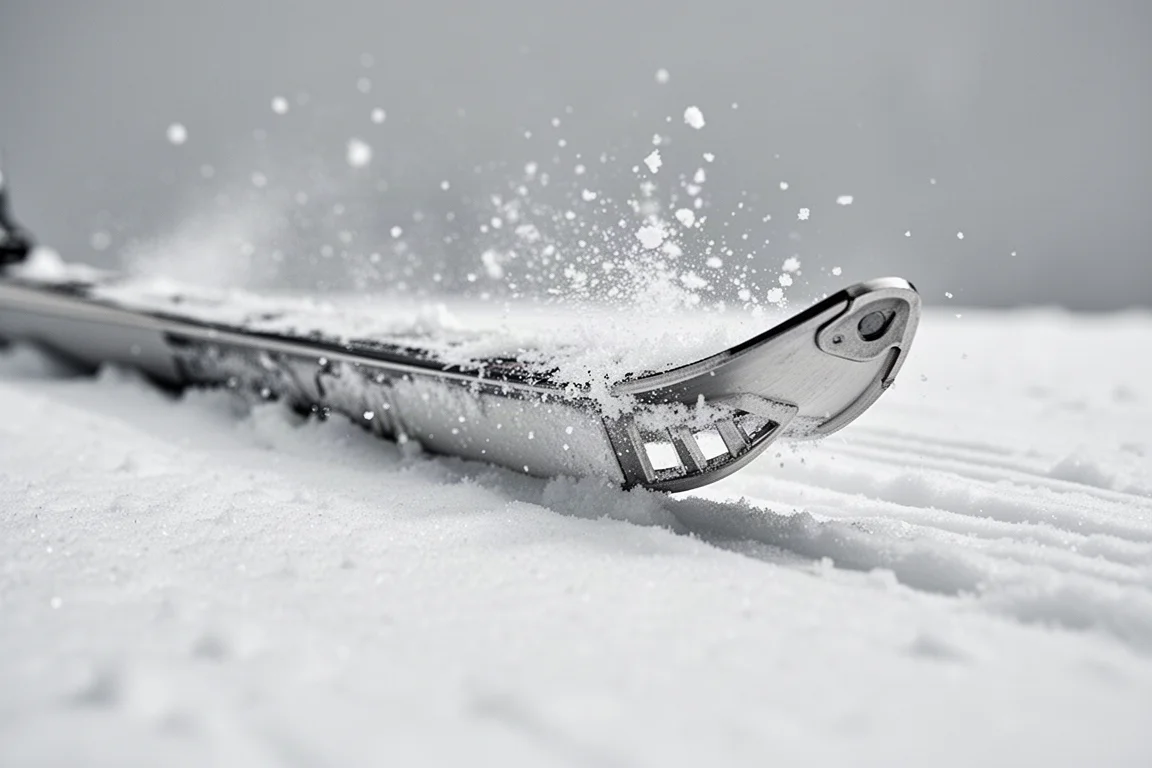 Nahaufnahme einer Ski-Kante, die sich in festen präparierten Schnee gräbt, während Eiskristalle aufwirbeln