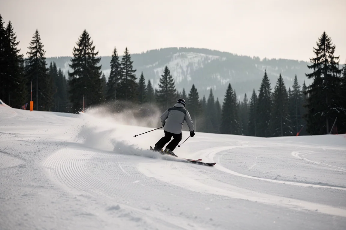 Skifahrer von hinten beim Carven einer langen Schwung auf breiter Piste