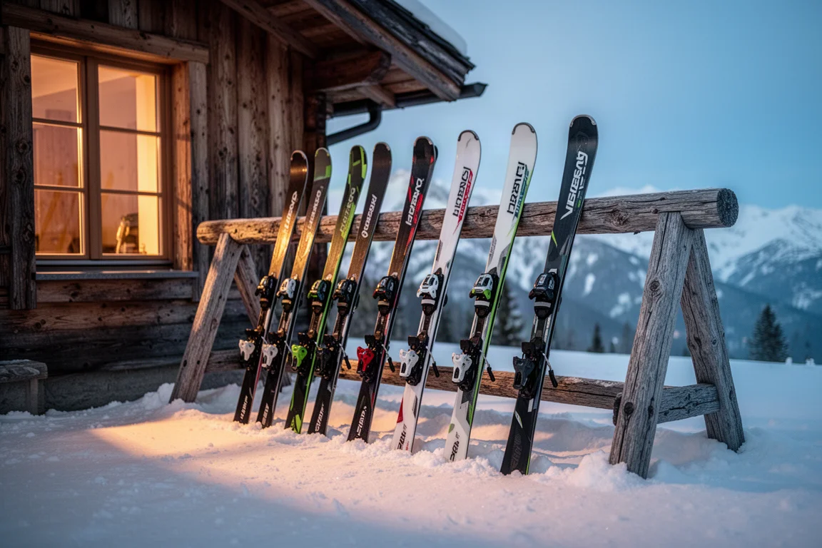 Reihe von Skifahrern lehnt bei Dämmerung an einem Holzständer vor einer Hütte