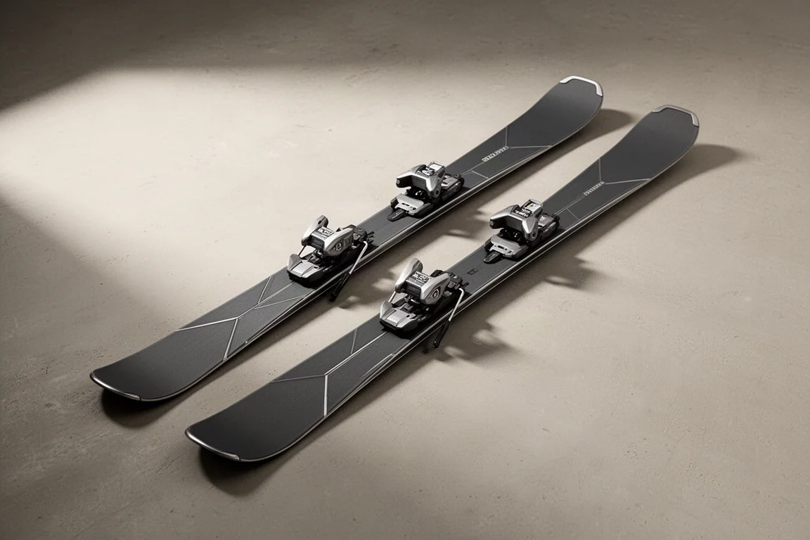 Pair of matte charcoal all-mountain skis with bindings on a concrete floor