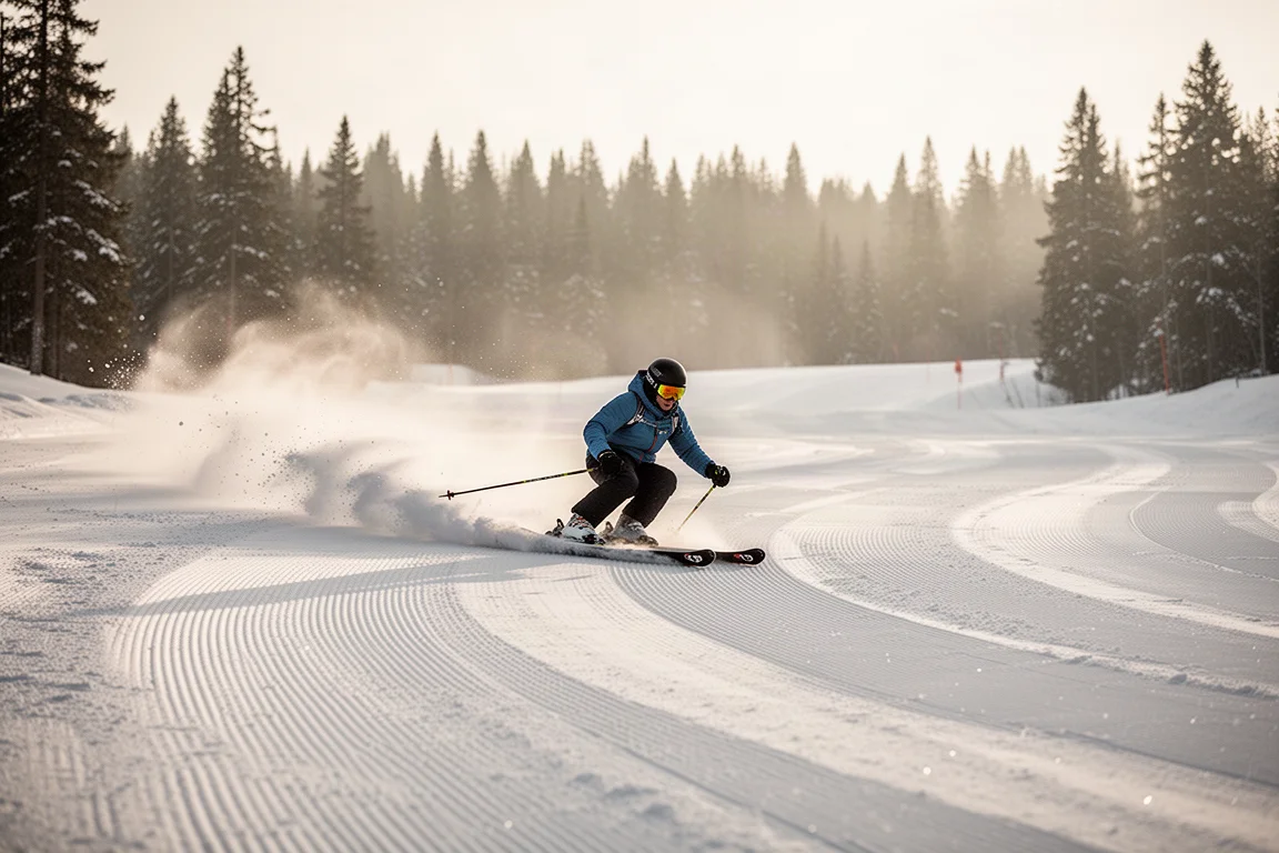 Skier carving firm morning corduroy on a wide groomed slope