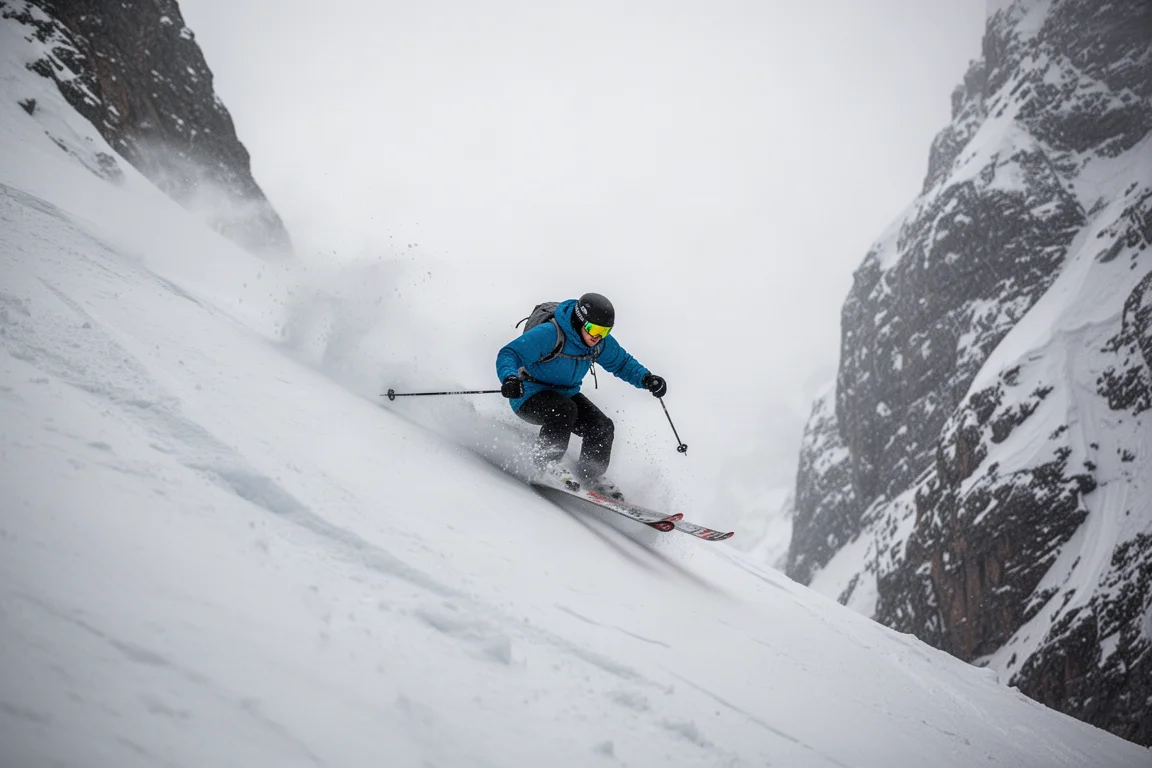 Skier making short hop turns on a steep firm pitch