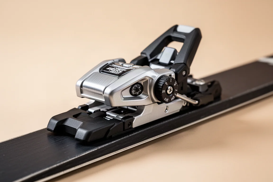 Low-profile ski binding toe piece close-up mounted on a ski