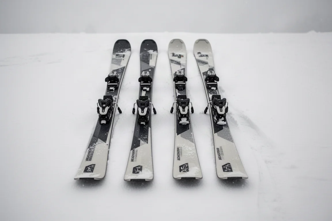 兩組全山型滑雪板並排放在雪地上供比較