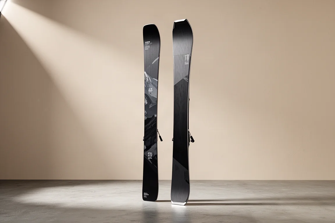 Two Völkl all-mountain skis standing upright side by side on a concrete surface