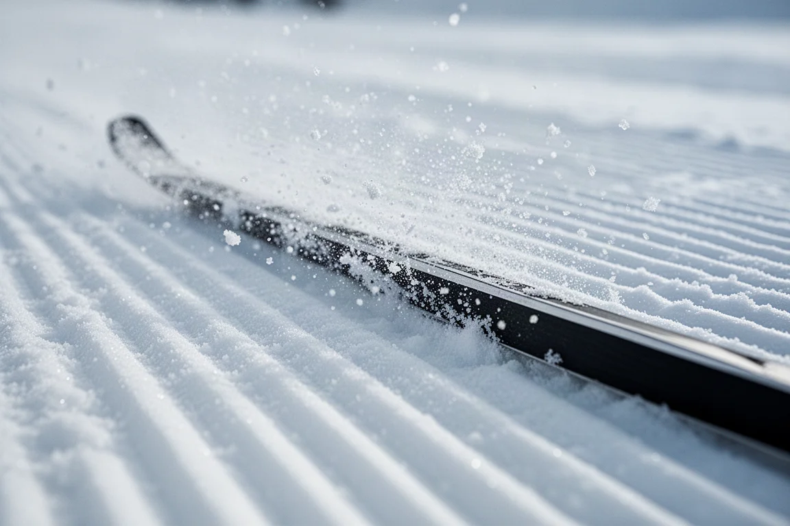 Cantô do esqui cortando neve preparada com respingos de neve, detalhe em close-up