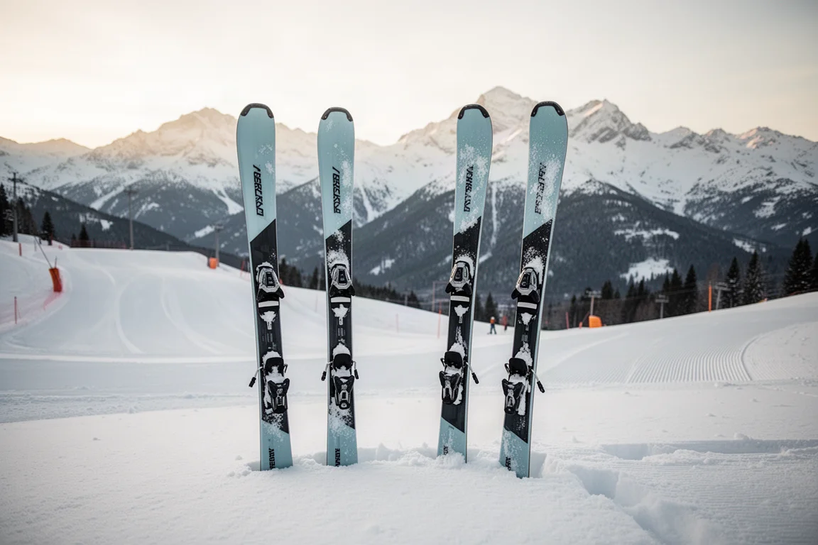 Esquis all-mountain em pé na neve fofa com picos alpinos ao fundo